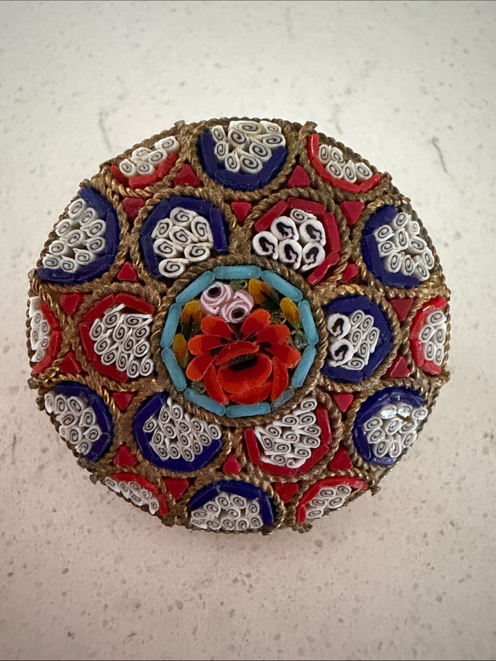 Vintage Antique Handcrafted Micro Mosaic Italy Brooch Red, Blue & White